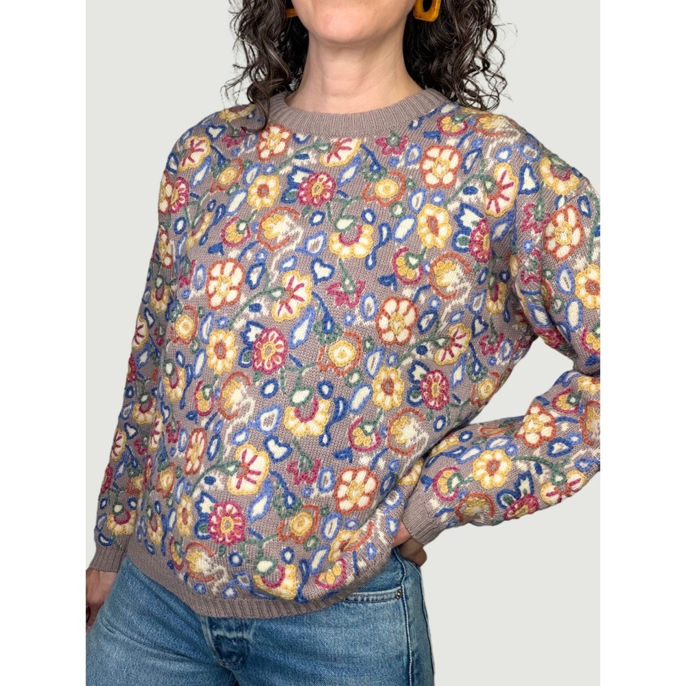 INC International Concepts Vintage 100% Wool Floral Embroidered Sweater M